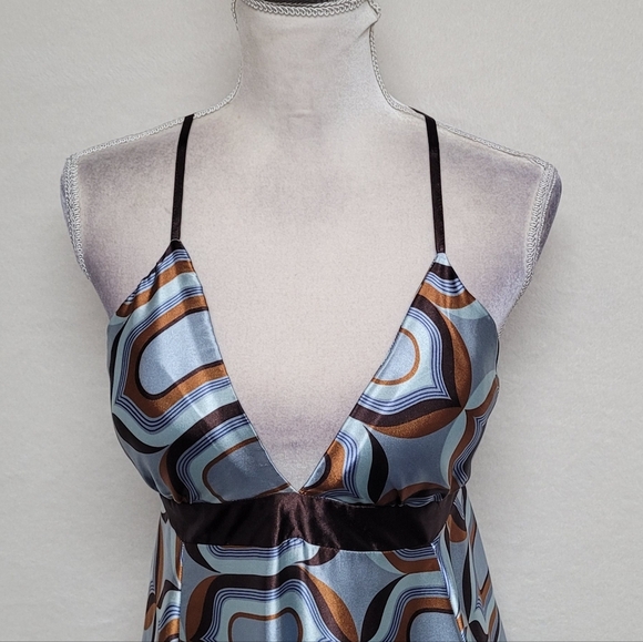 90s Vintage My Michelle Retro Geometric Print Satin Racerback Mini Slip Dress M - Picture 3 of 11